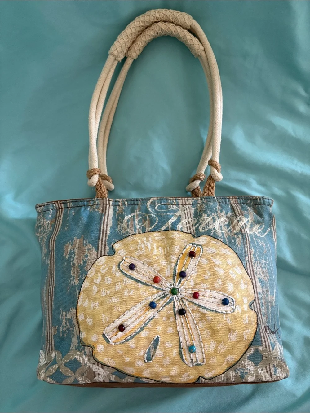Canvas Tote Bag with Yellow Sand Dollar Appliqué - Blue/Yellow